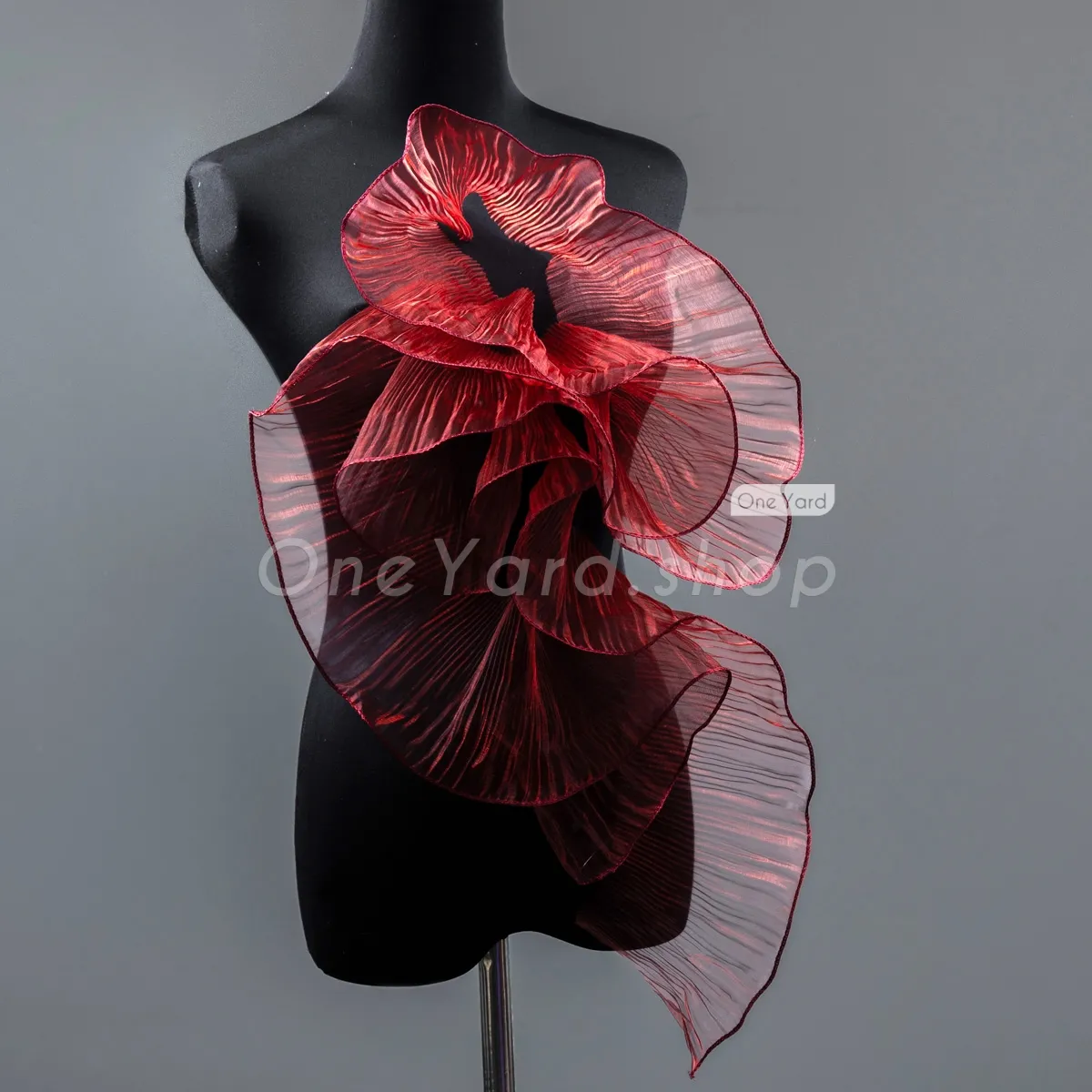 cascading ruffled burgundy organza trim
