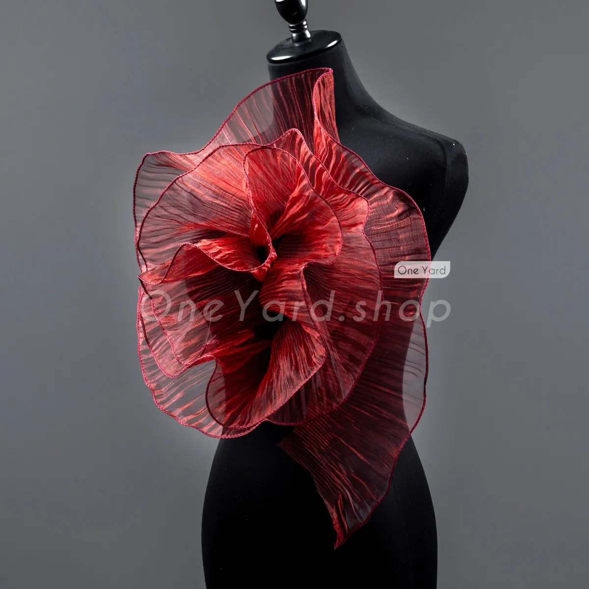 crinkled or pleated texture burgundy organza trim
