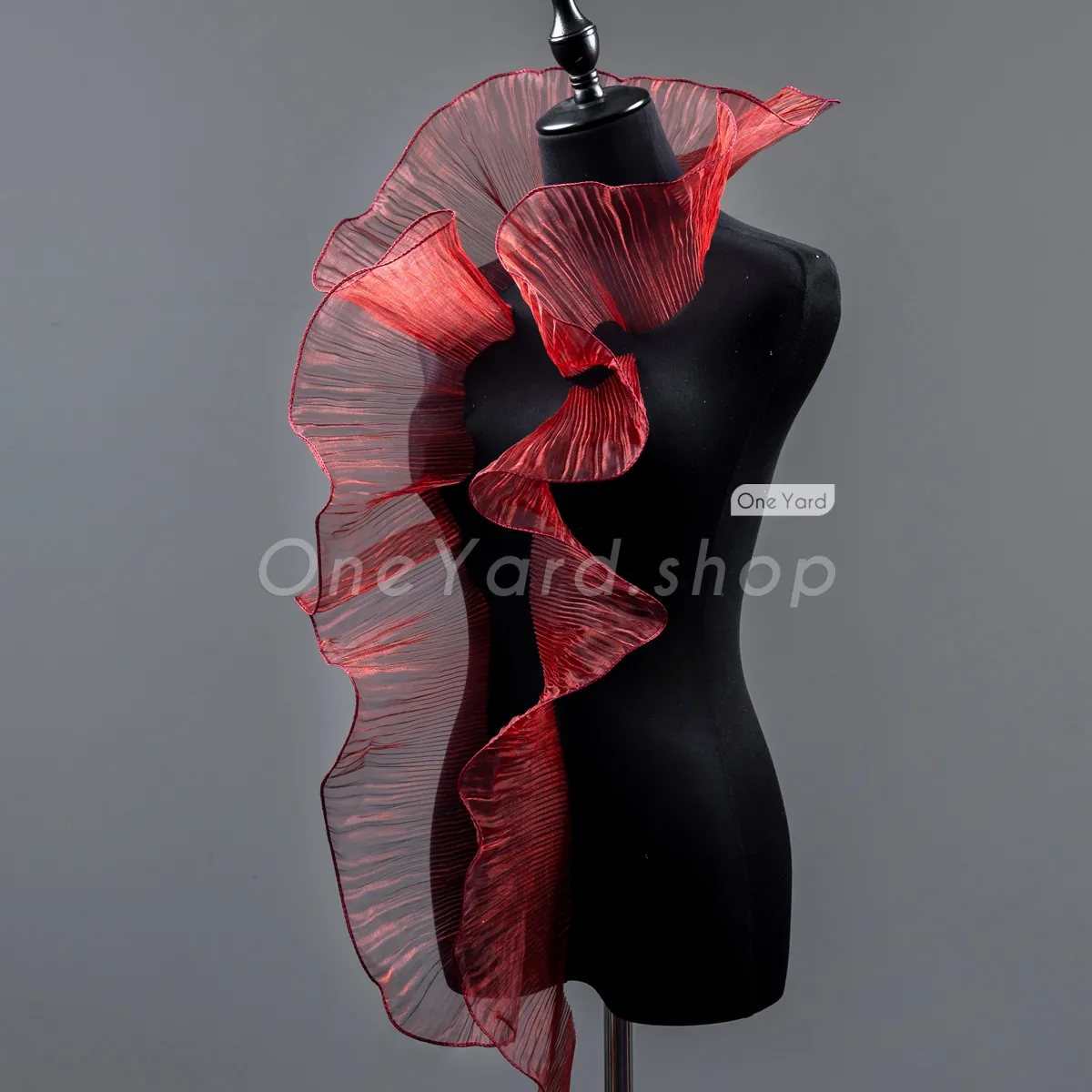 dramatic organza trim in a rich burgundy hue