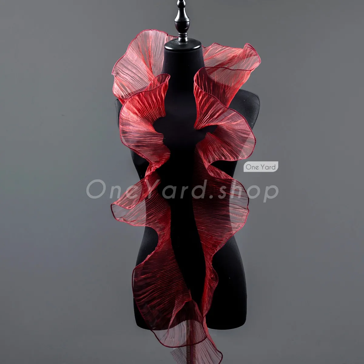 flowing cascading ruffled burgundy organza trim