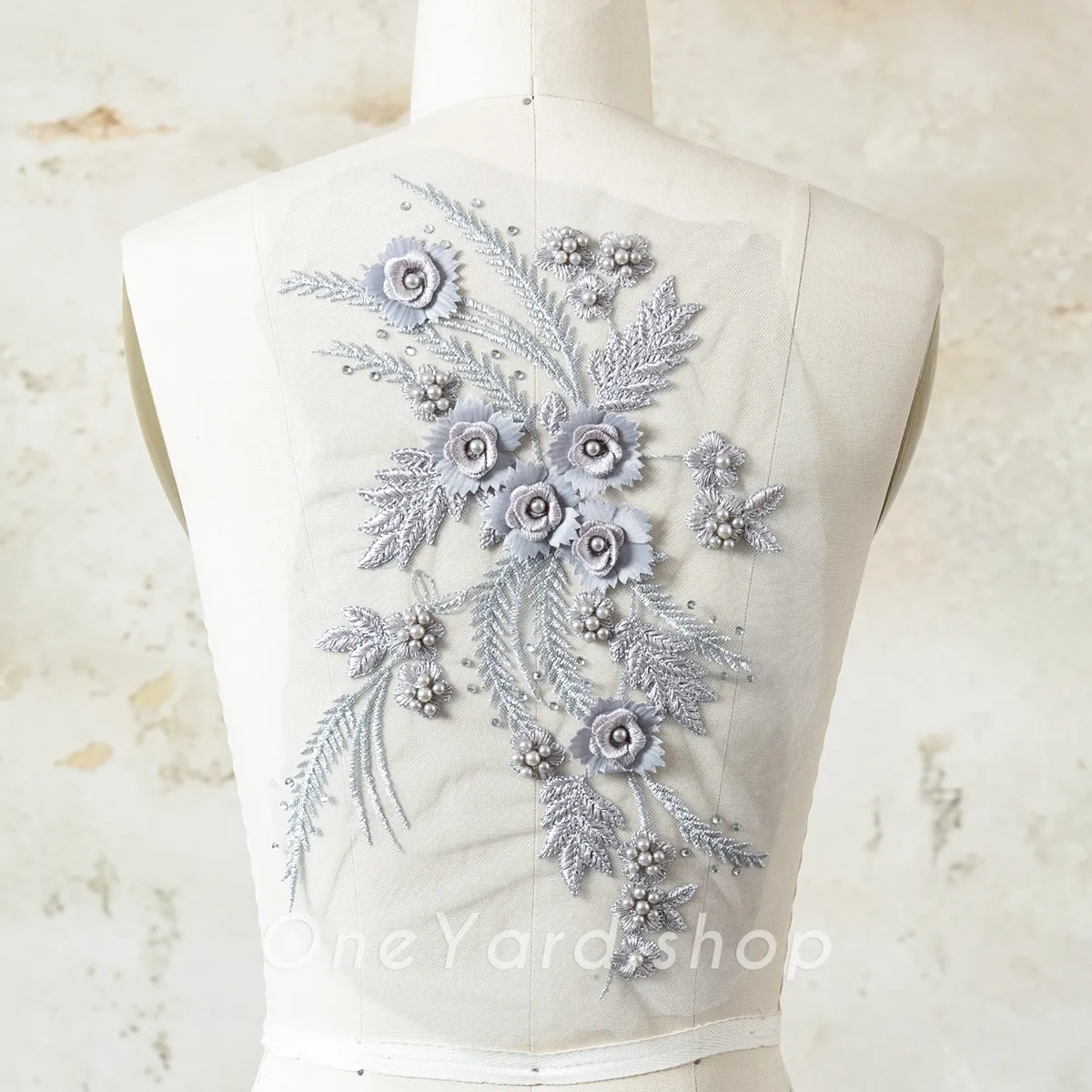 beads pearled elegant gray 3d flower lace applique