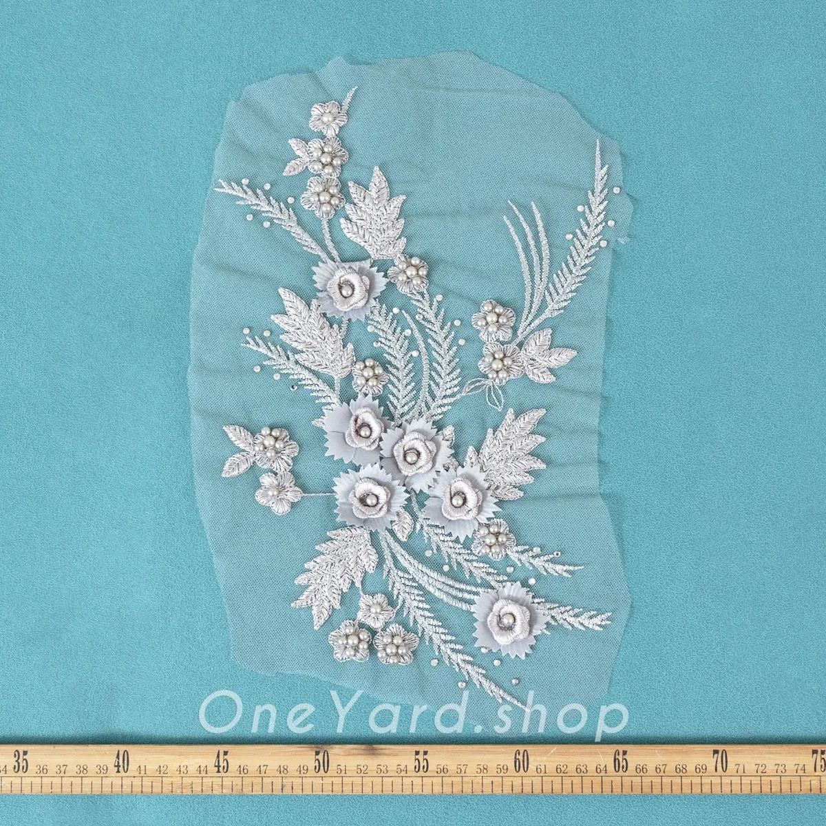 pearl beaded 3D flower gray lace applique