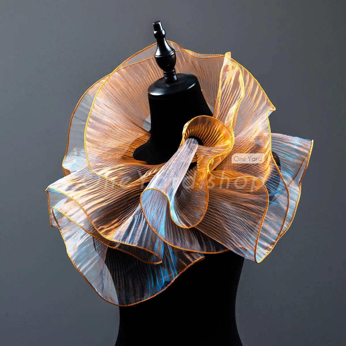 cool blue and warm gold iridescent organza trim