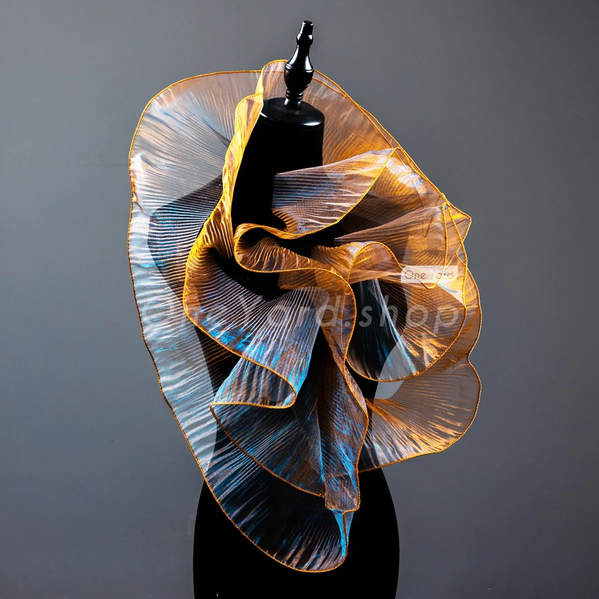 gold and blue pleated sheer organza trim by the yard