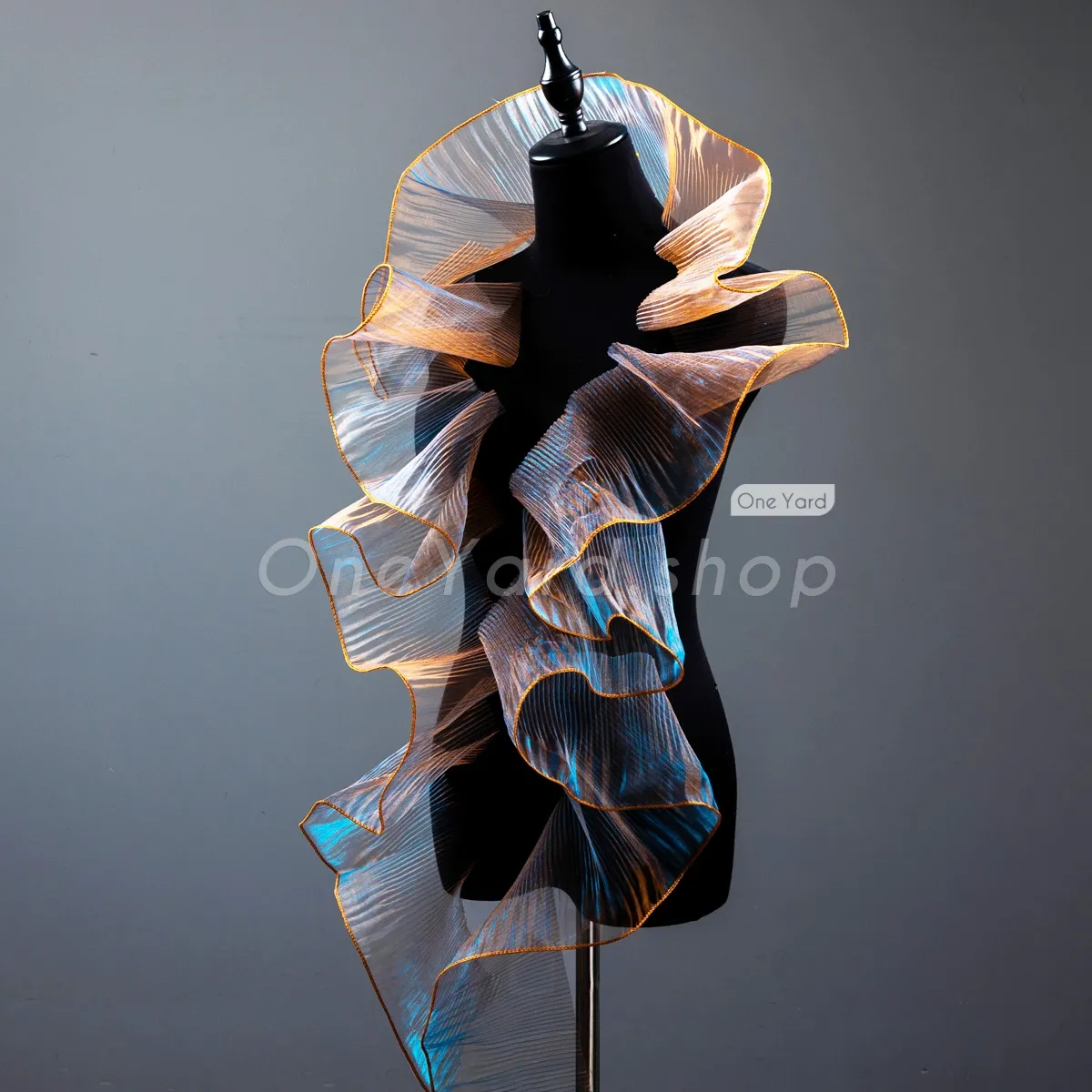 iridescent gold and blue pleated crisp sheer synthetic organza trim