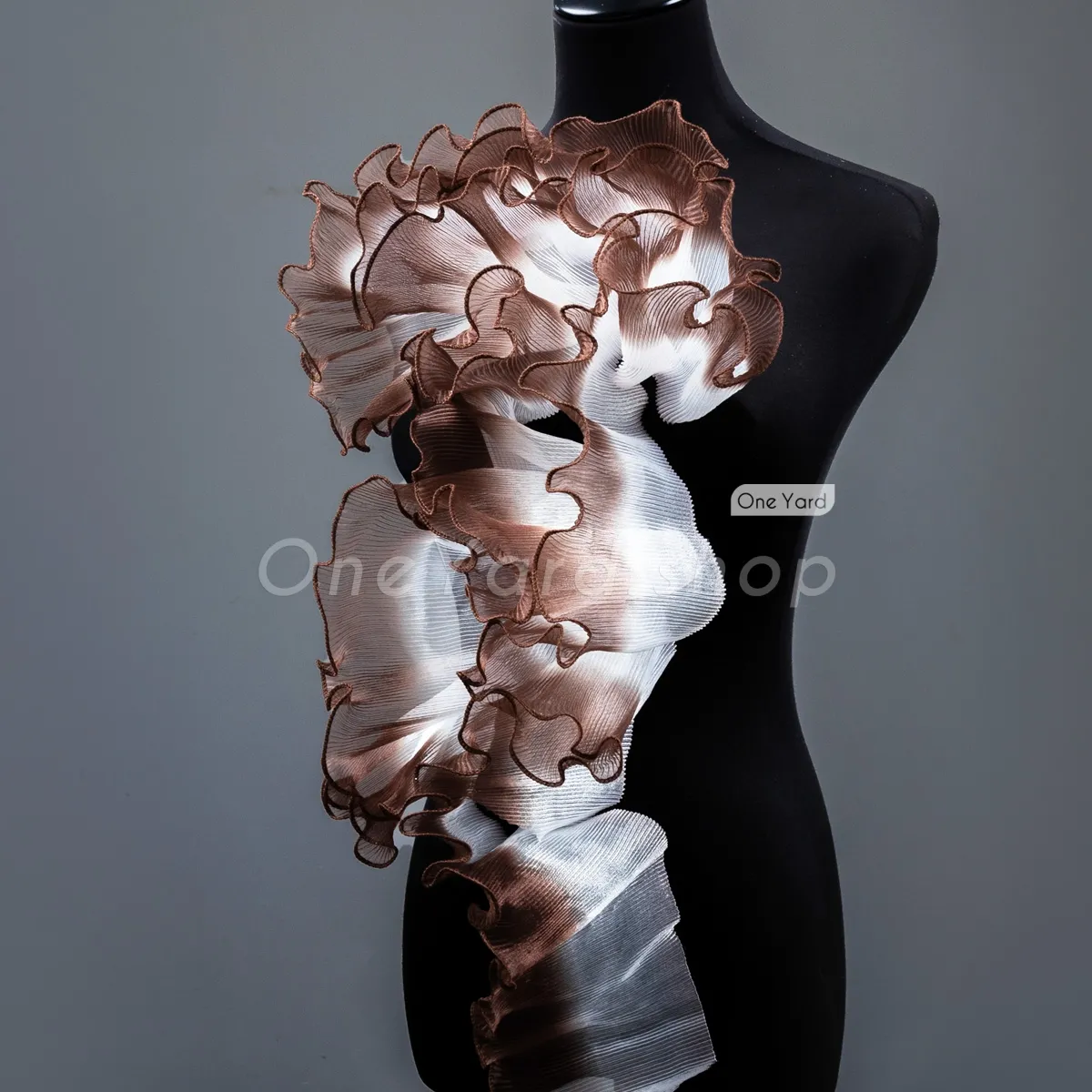 white to coffee ombre pleated organza ruffle trim