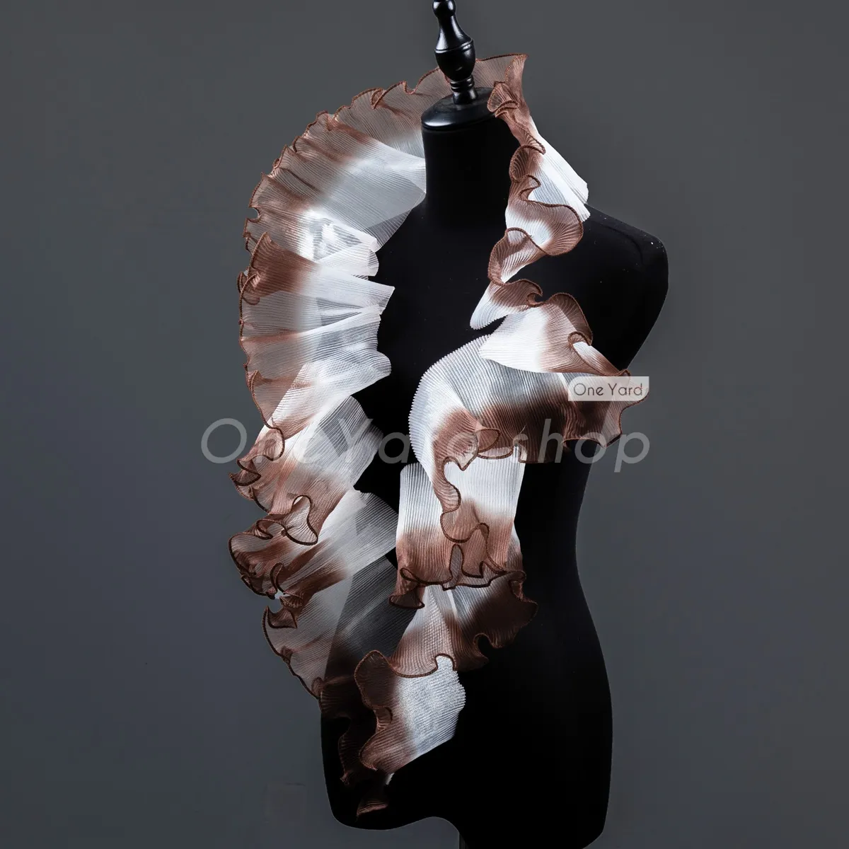 white to coffee ombre structured organza ruffle trim