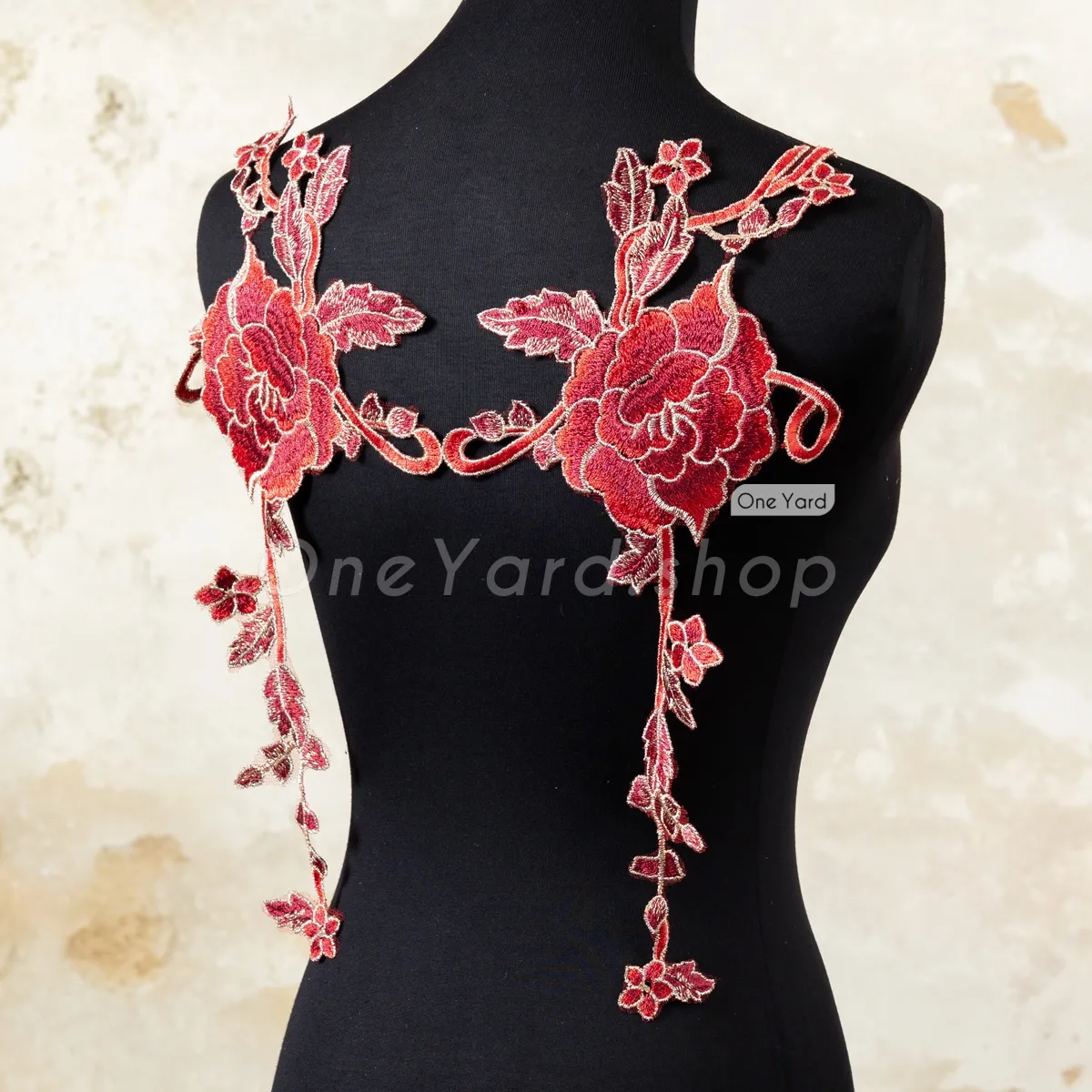 dark red peony floral lace appliques