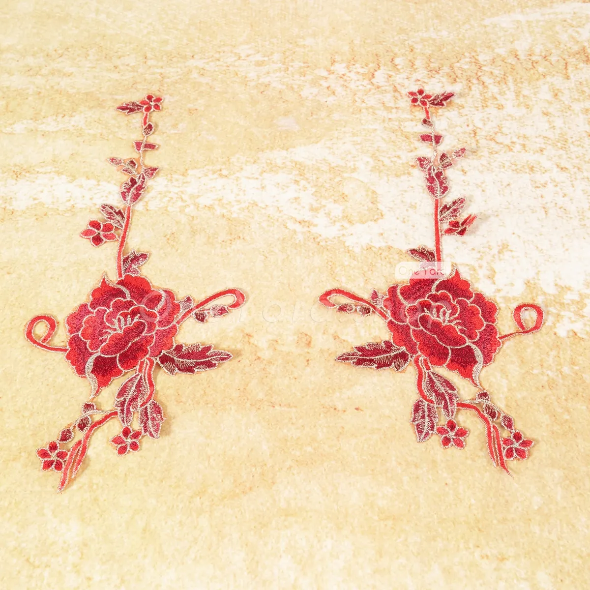 mirror image dark red floral embroidery lace appliques