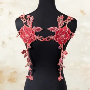 pair of dark red peony floral embroidery lace appliques