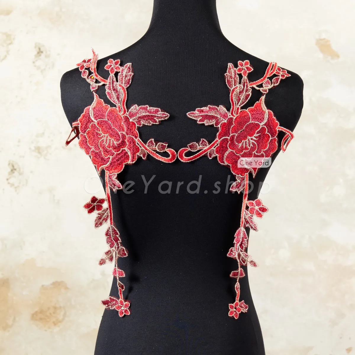 pair of dark red peony floral embroidery lace appliques