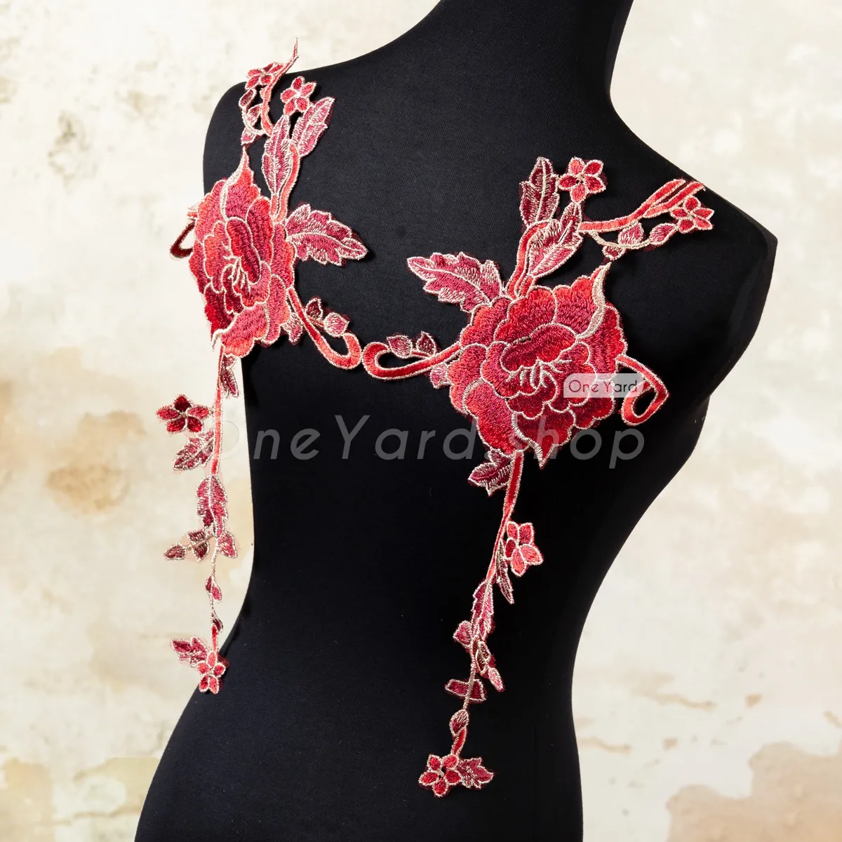 pair of mirror image dark red floral embroidery lace