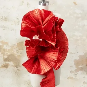 brilliant metallic red satin ruffle sculptural trim