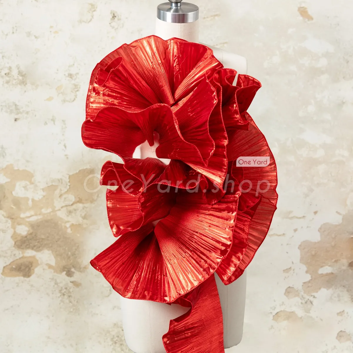 brilliant metallic red satin ruffle sculptural trim