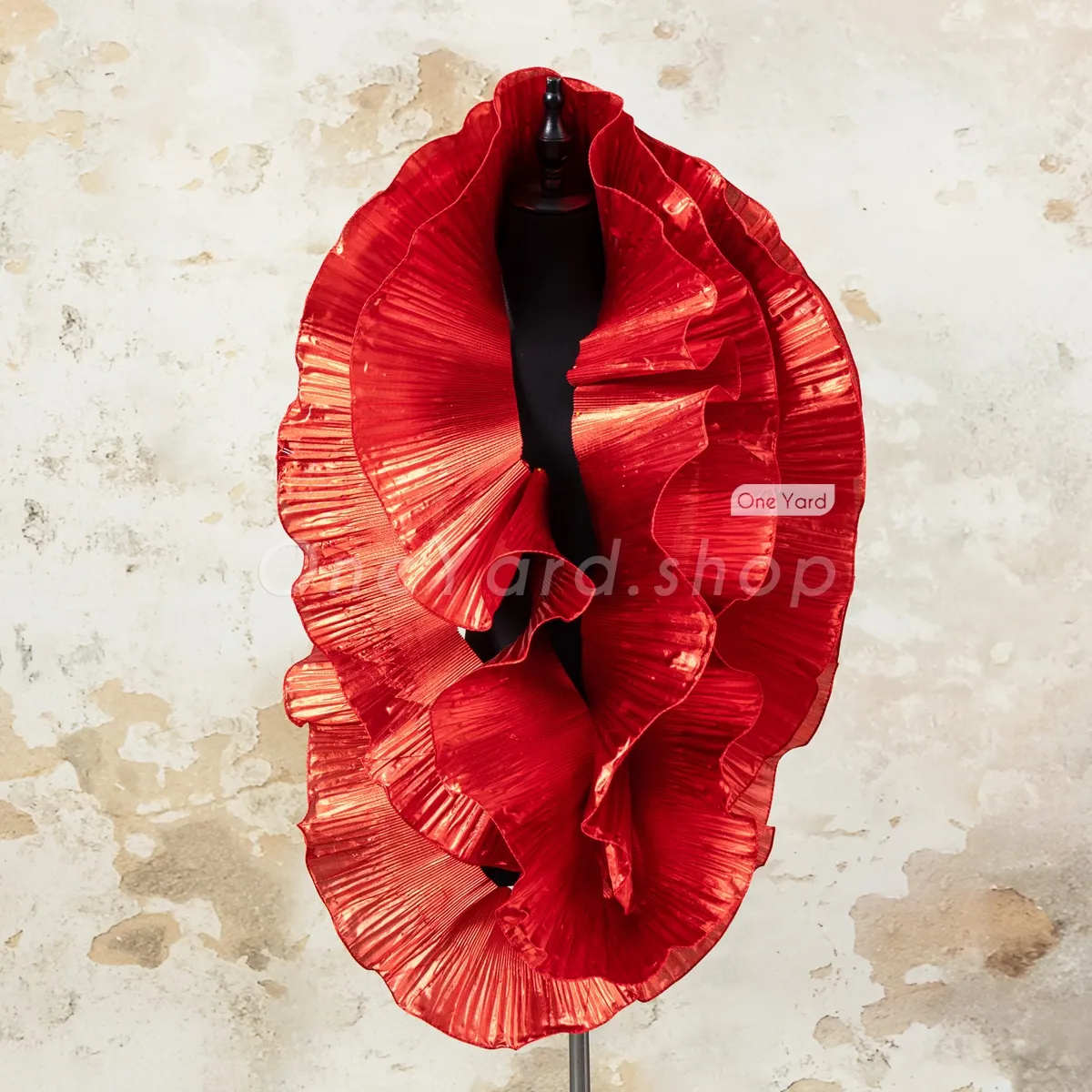dramatic and sculptural crimson red ruffled satin trim
