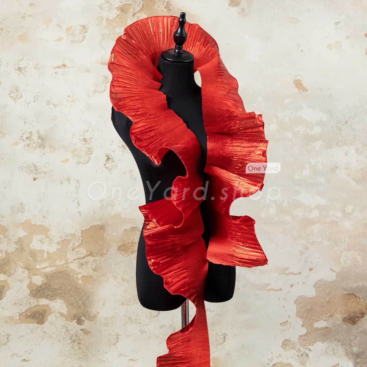 red ruffled satin trim with a brilliant metallic sheen