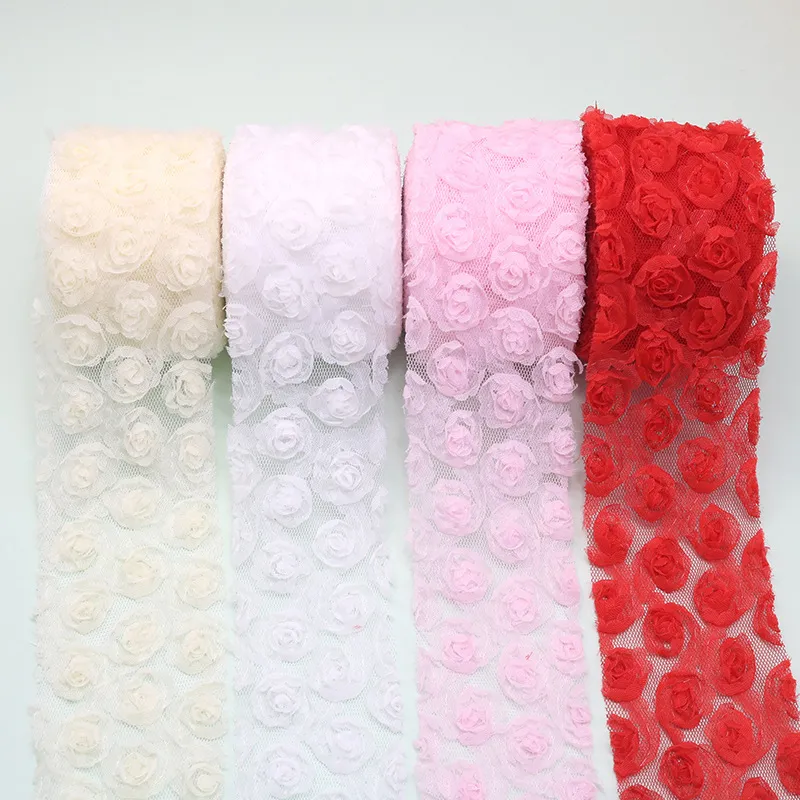 romantic ombre color 3D rose flower mesh ribbon