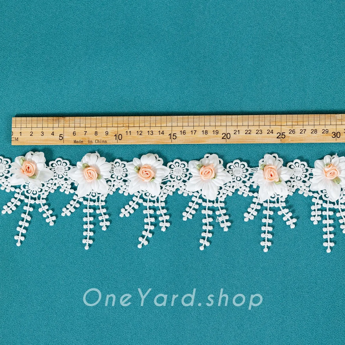 3d peach rosette flower white lace trim