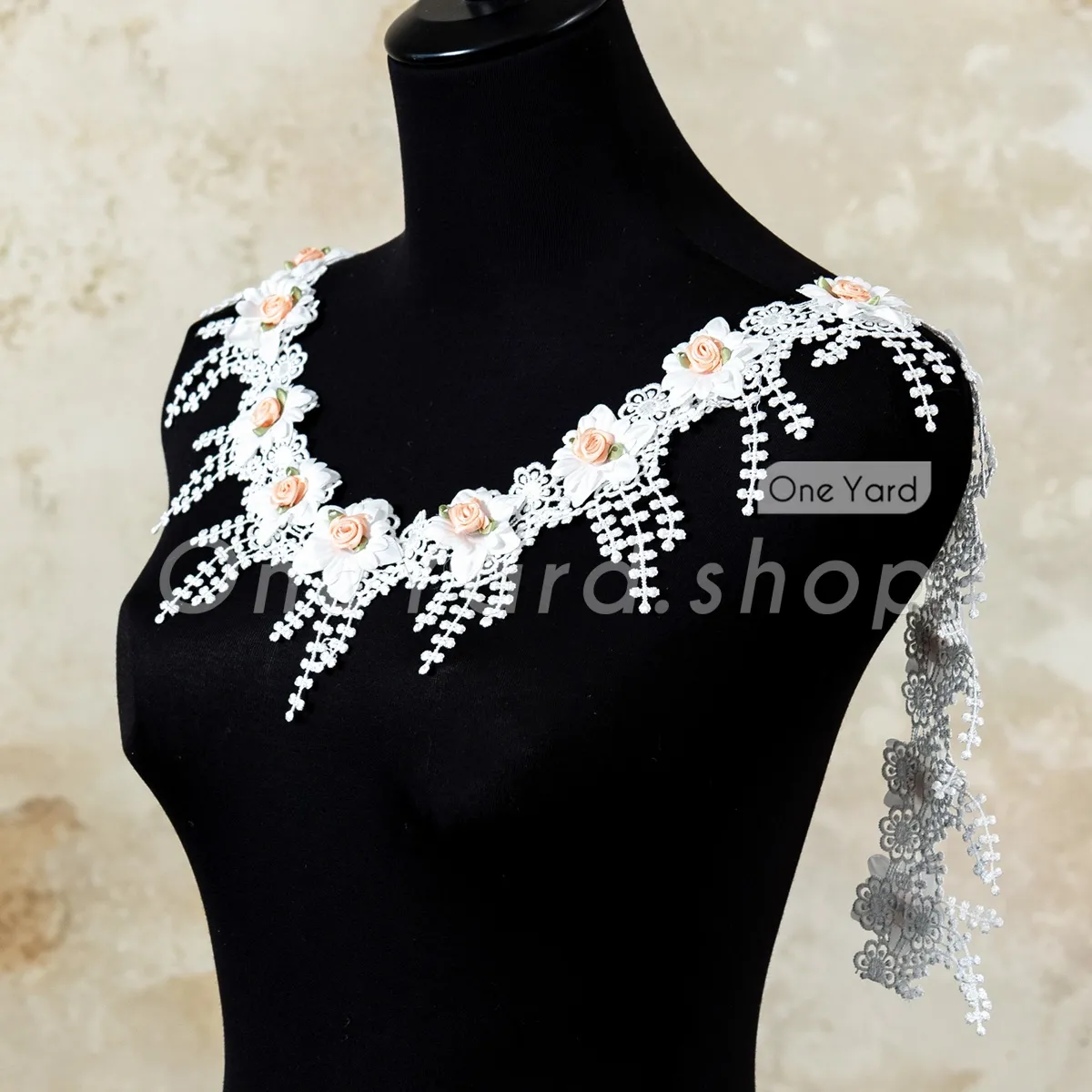 3d peach rosette lace trim for embellishing necklines