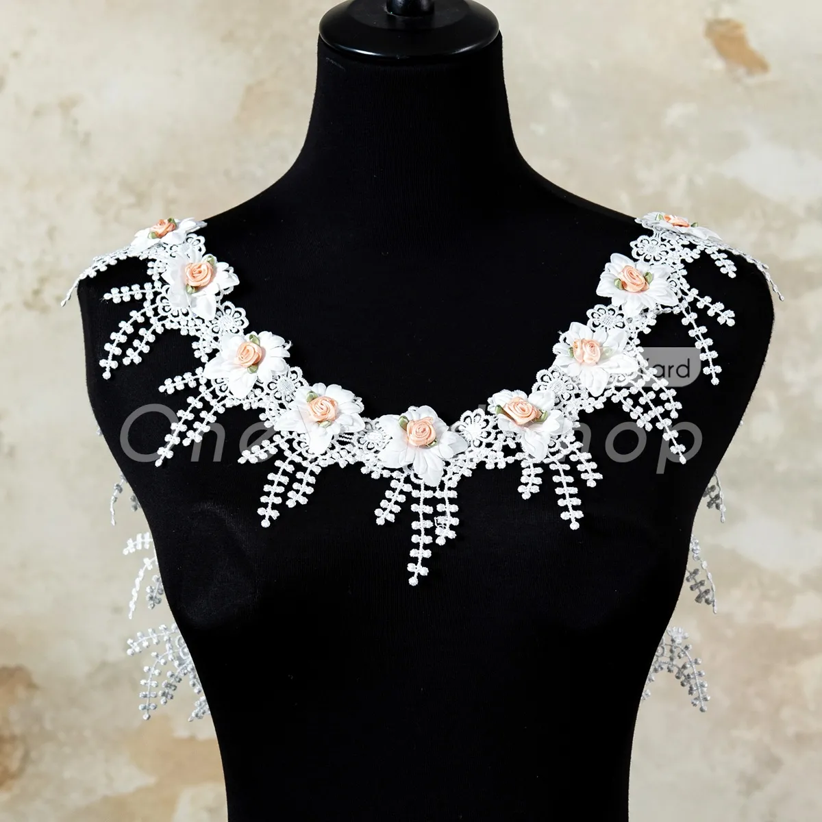 romantic 3d peach rosette flower white lace trim