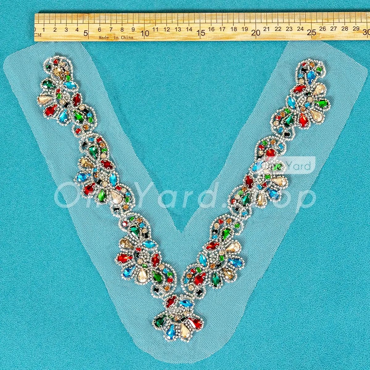 dazzling multi color acrylic rhinestone bodice applique