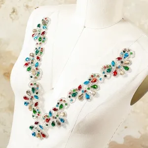 dazzling multi color rhinestone v shape bodice applique