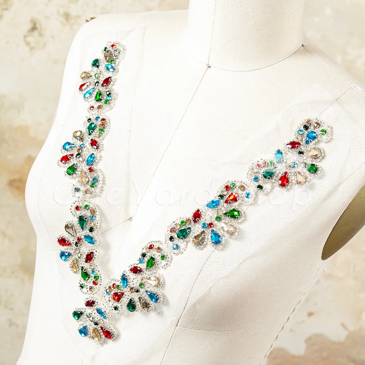 dazzling multi color rhinestone v shape bodice applique