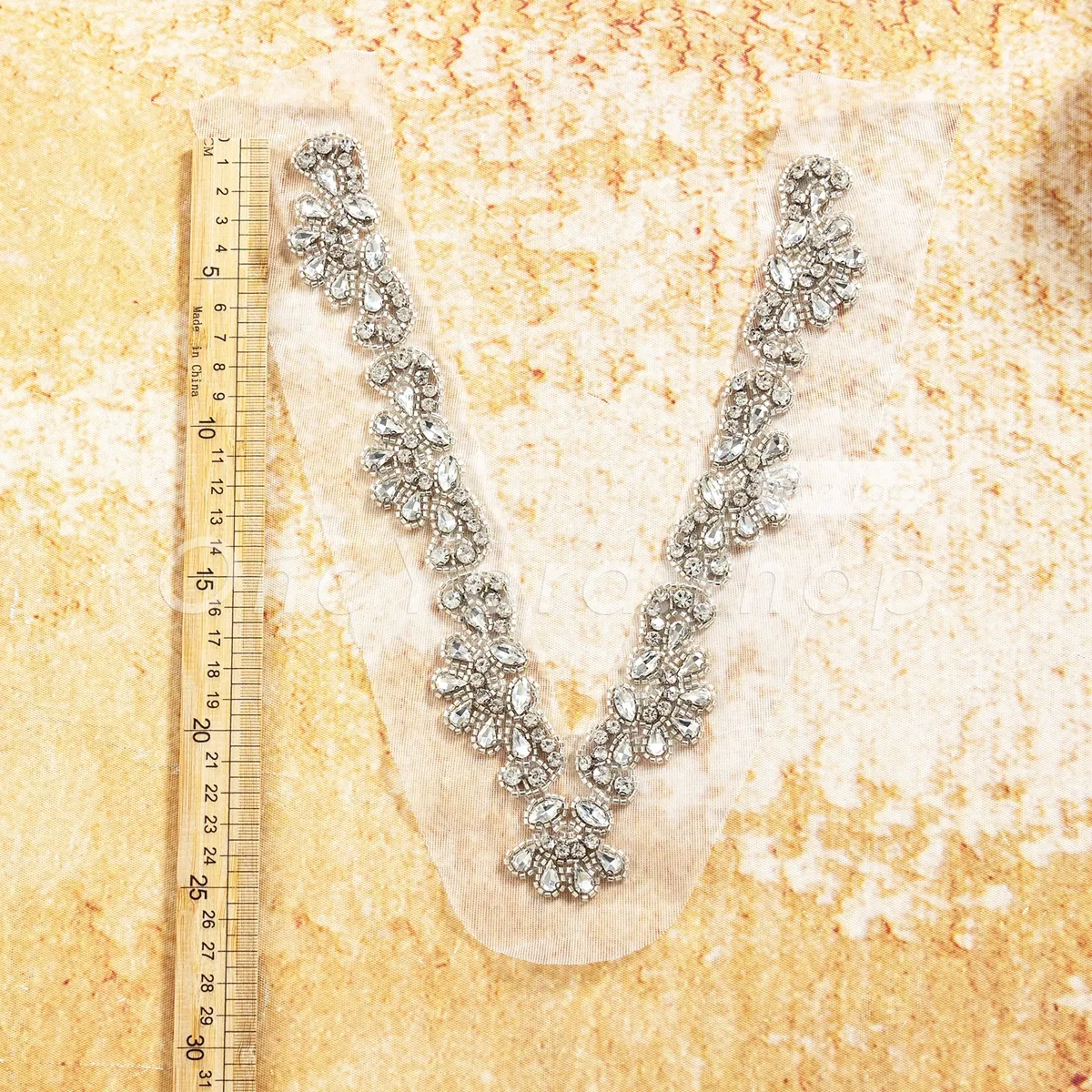 glass rhinestone V neck bodice applique