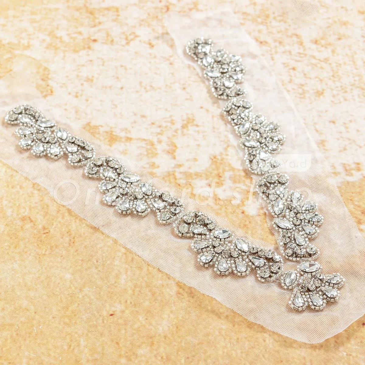 rhinestone and beadwork V neck bodice applique