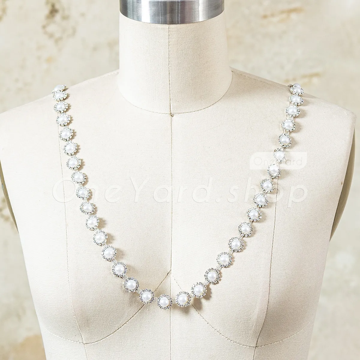 pearl and crystal rhinestone trim for sophisticated necklines and straps