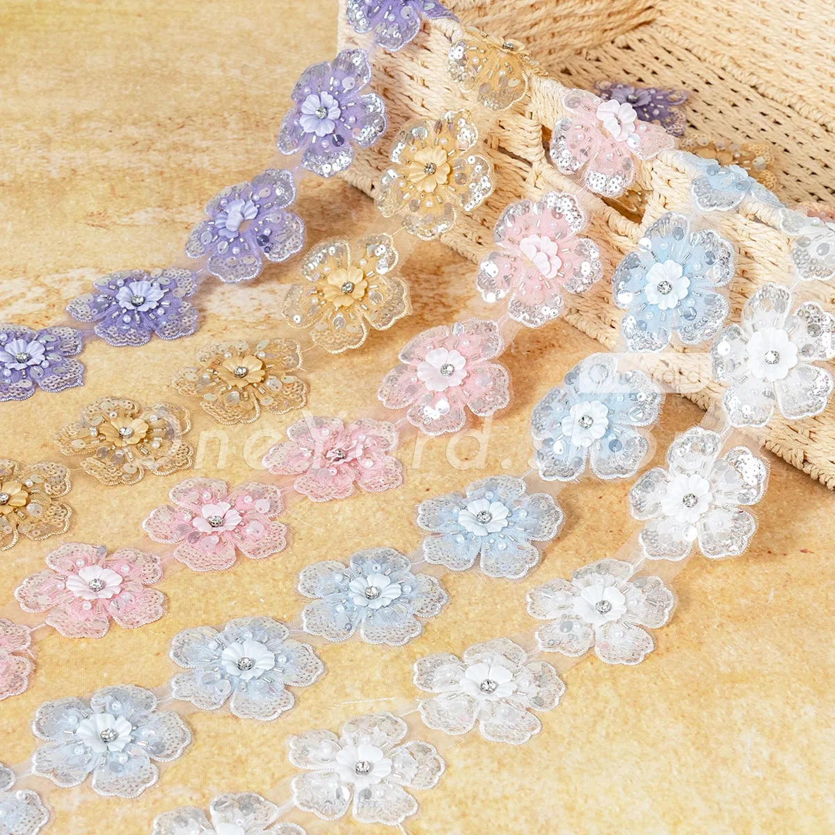 beaded pastel color mesh flower chain beaded pastel color mesh flower chain
