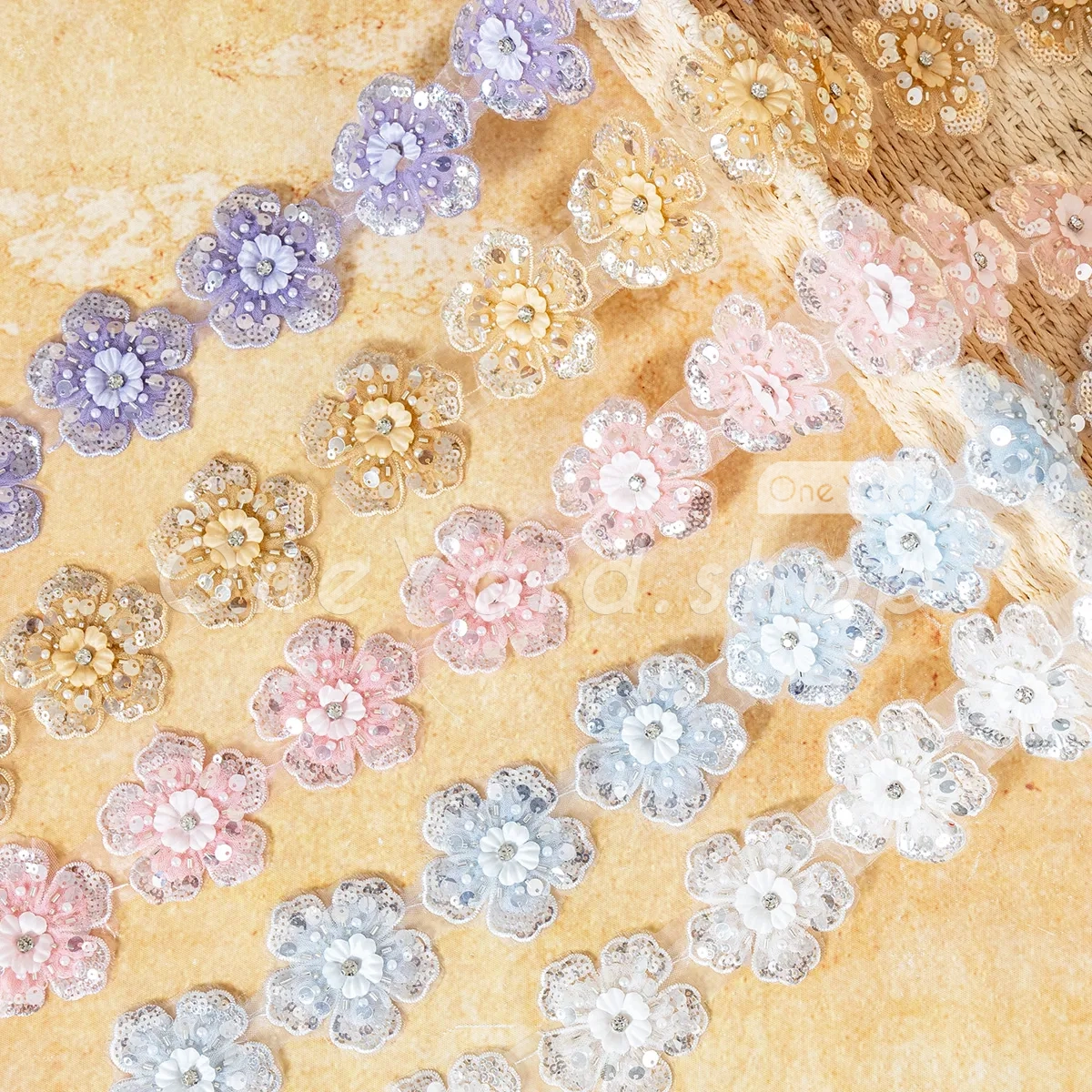 beaded sequinned pastel color mesh flower chain beaded sequinned pastel color mesh flower chain