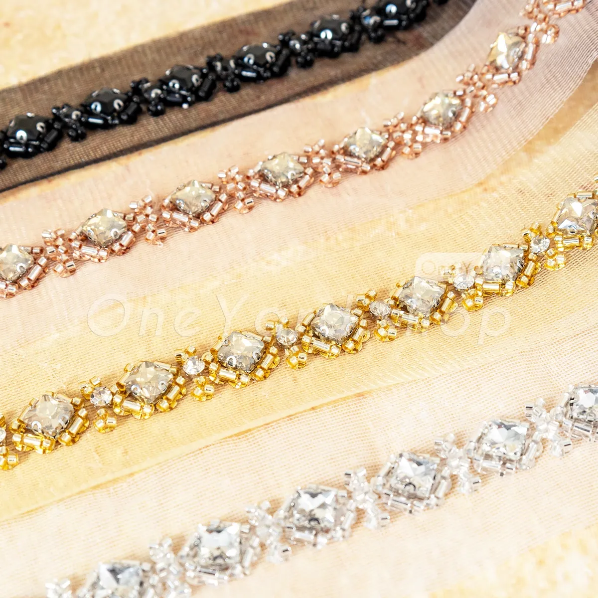 beaded rhinestone trim on sheer mesh for bridal sashes