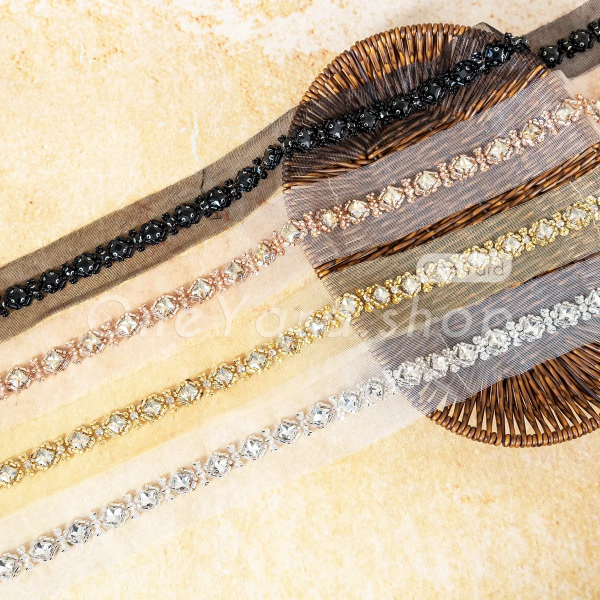 beaded rhinestone trim on sheer mesh