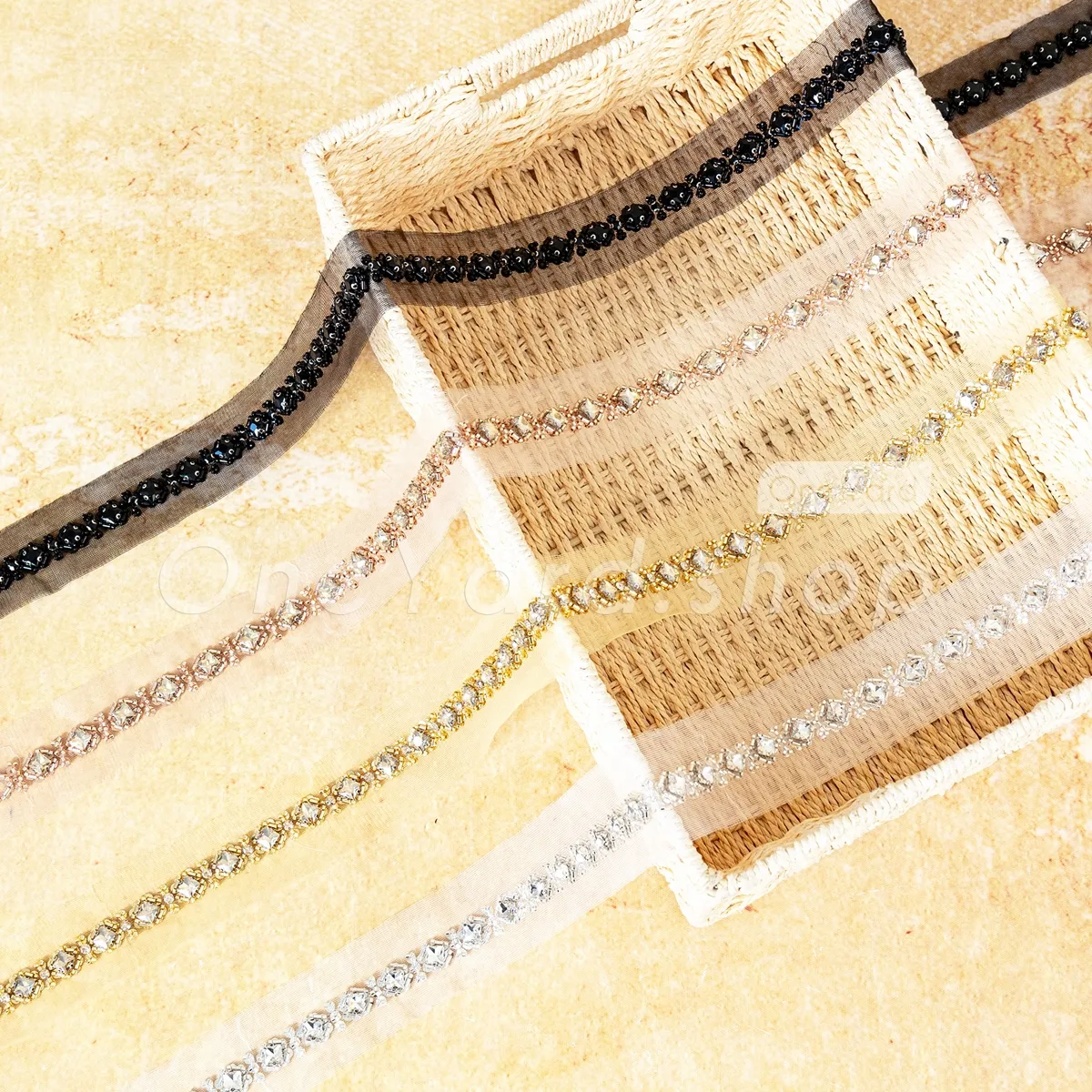 elegant geometric beaded rhinestone trim on sheer mesh