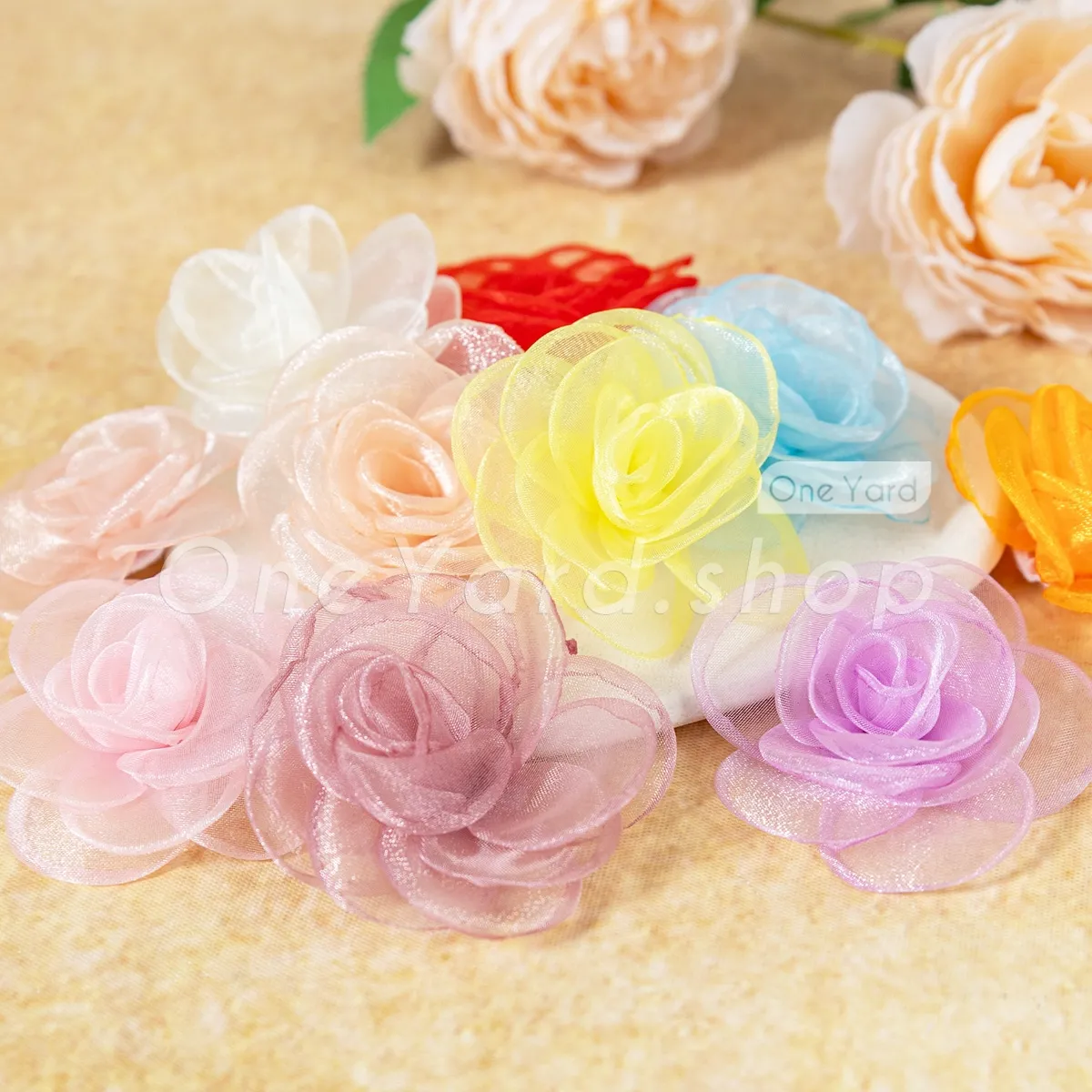 sheer organza fabric large flatback 3D flowers sheer organza fabric large flatback 3D flowers