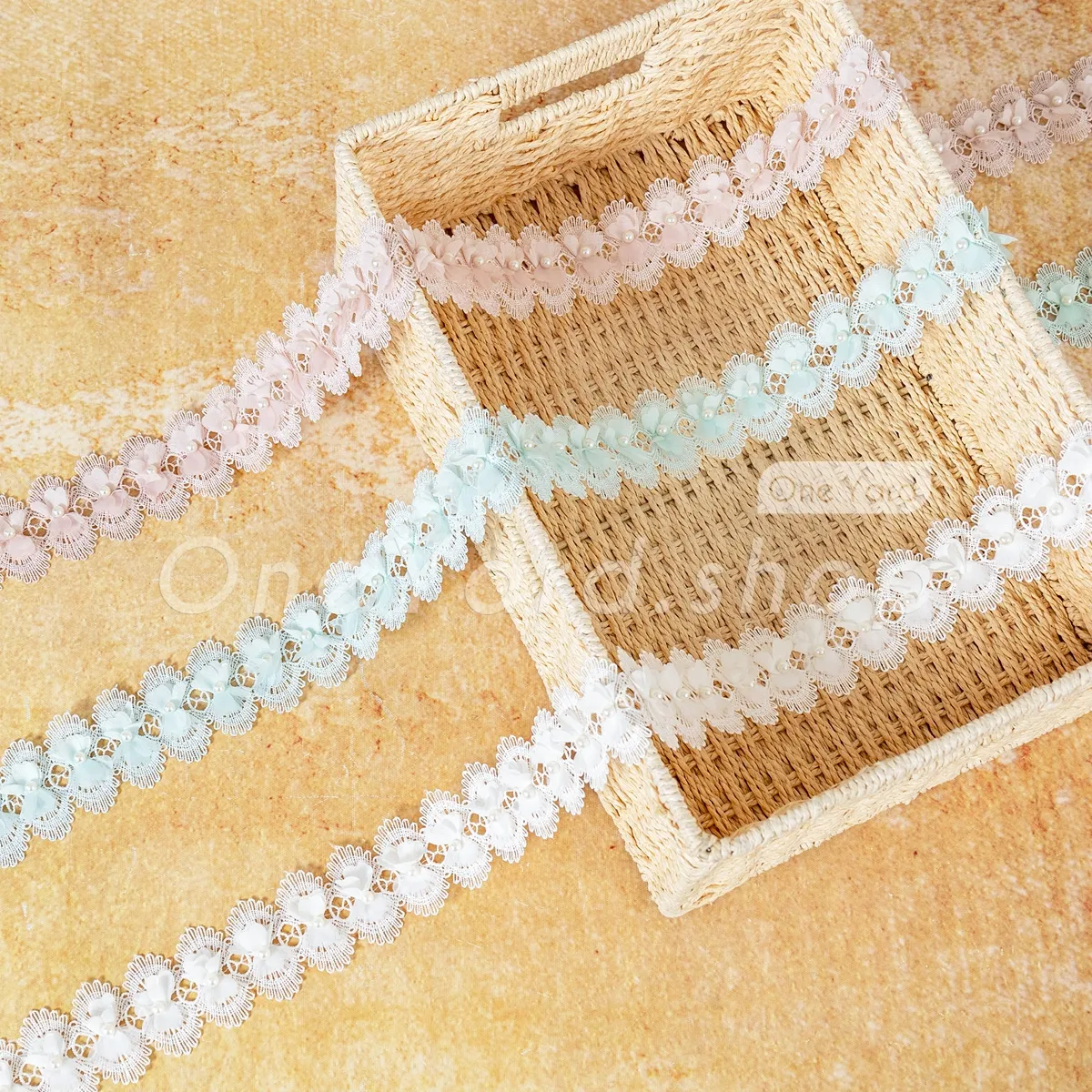5cm 3d floral pearl lace trim pastel scalloped edging