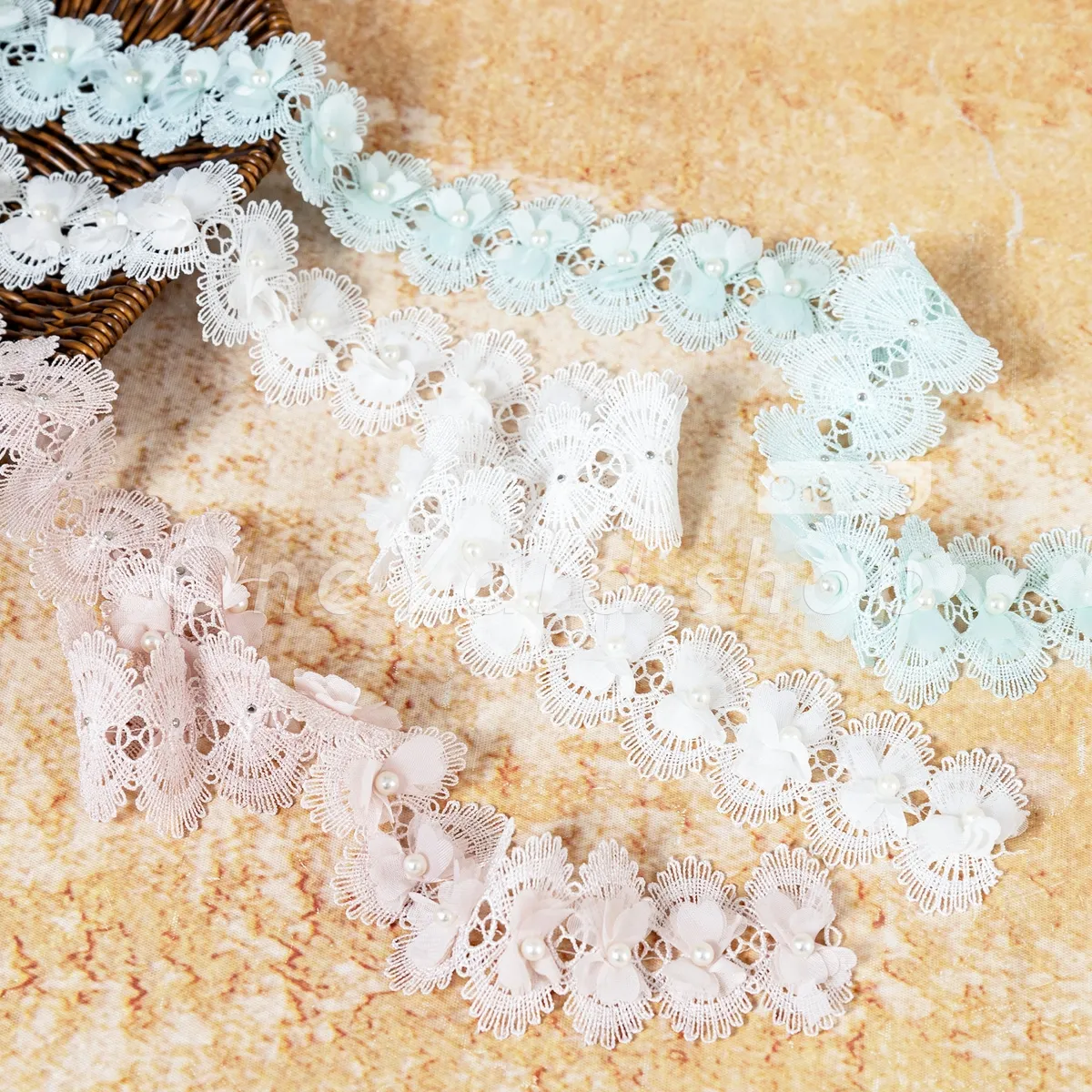 lustrous faux pearl 3D lace flower trim