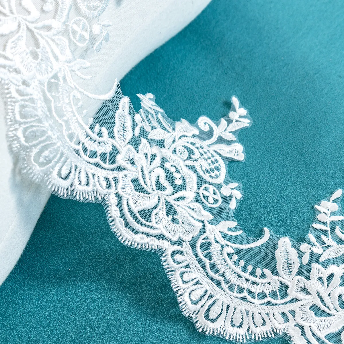 sequinned off white floral lace trim