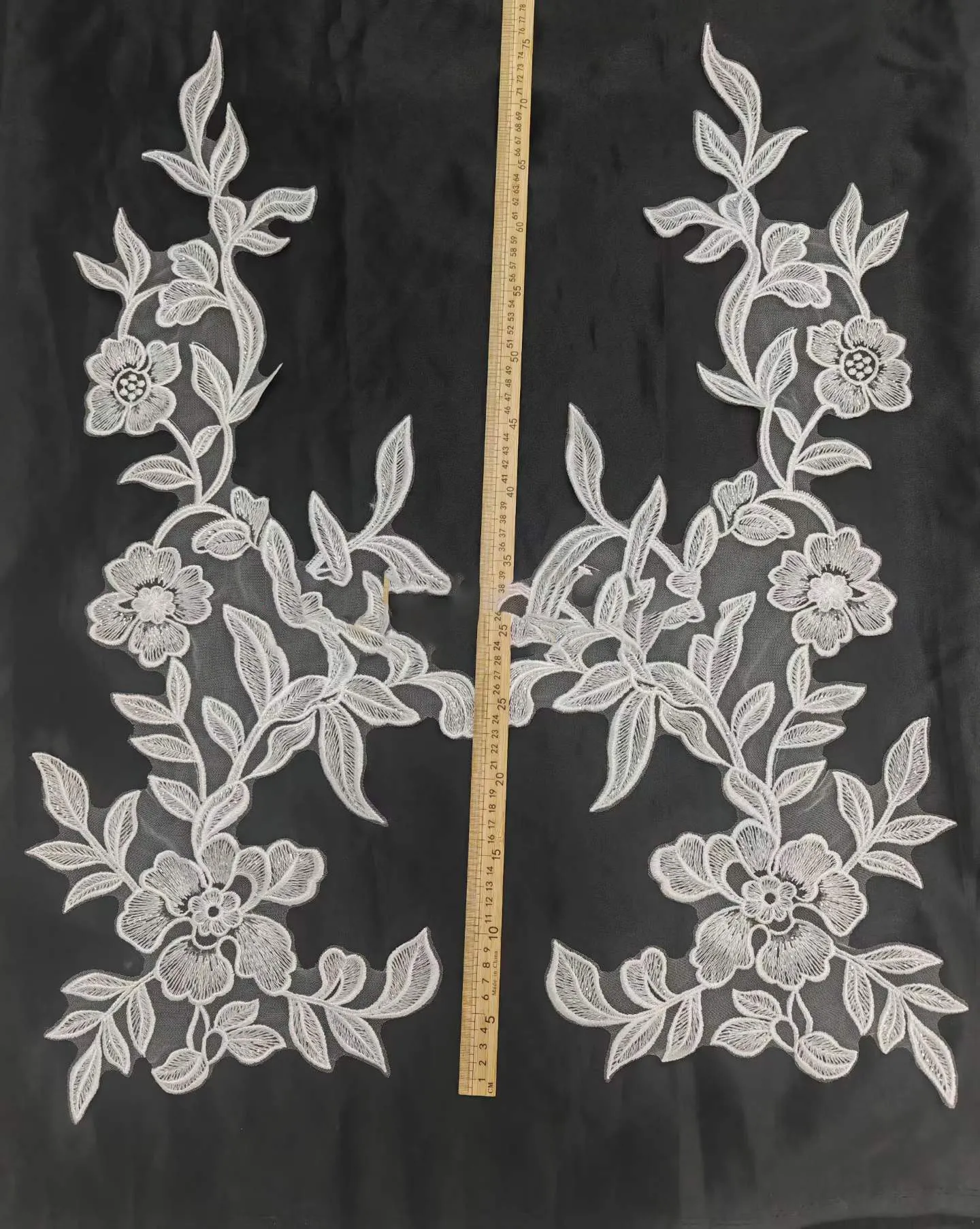 symmetrical embroidered floral vine lace applique pair