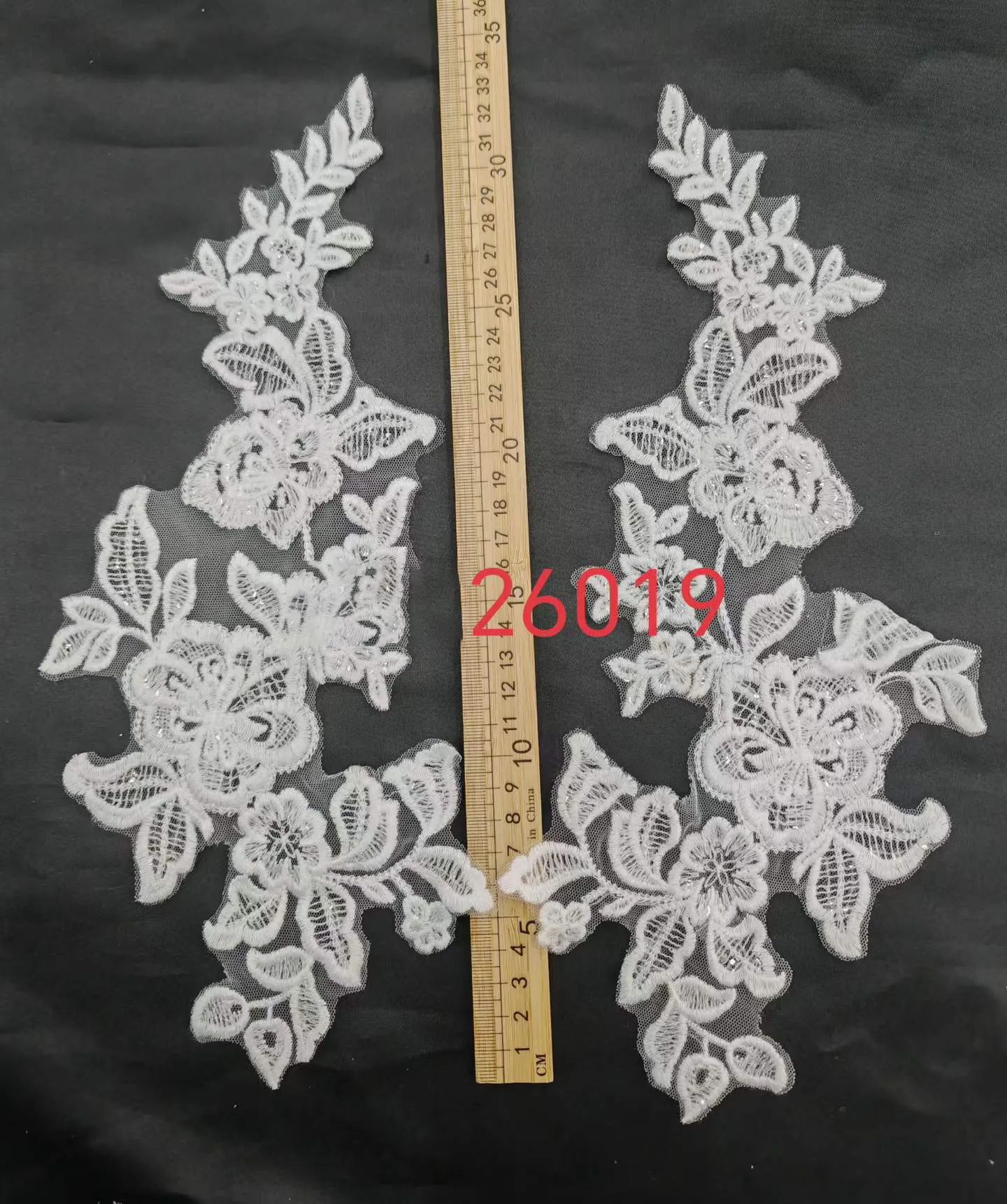 sequinned symmetrical floral vine lace applique pair
