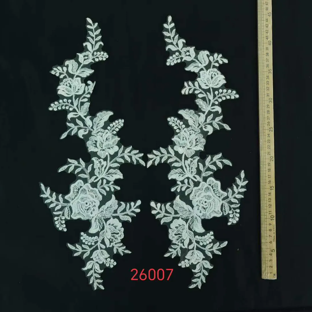 clear sequin symmetrical rose vine lace applique pair