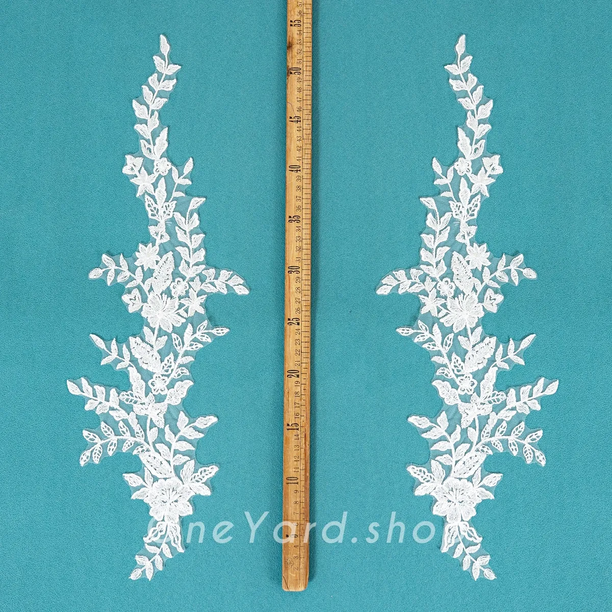elongated leaf lace applique pair