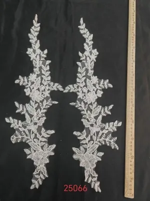 elongated symmetrical leafy branch lace applique pair