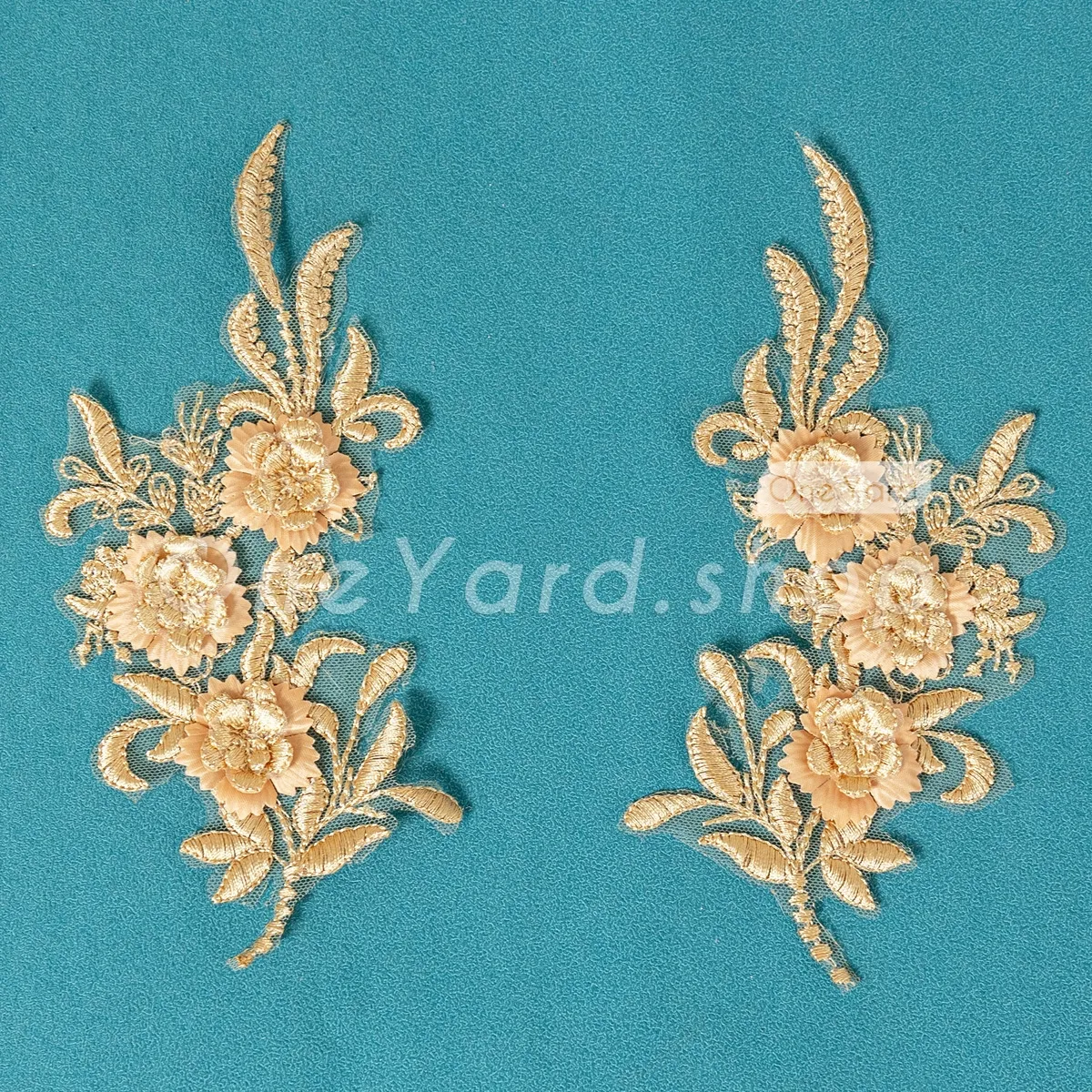 symmetrical gold 3D floral vine lace appliques symmetrical gold 3D floral vine lace appliques