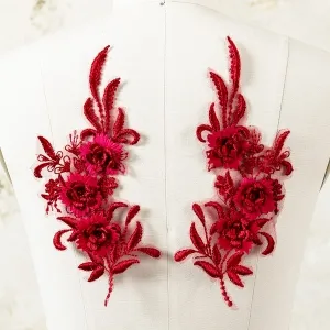 dramatic burgundy 3d floral vine lace applique pair