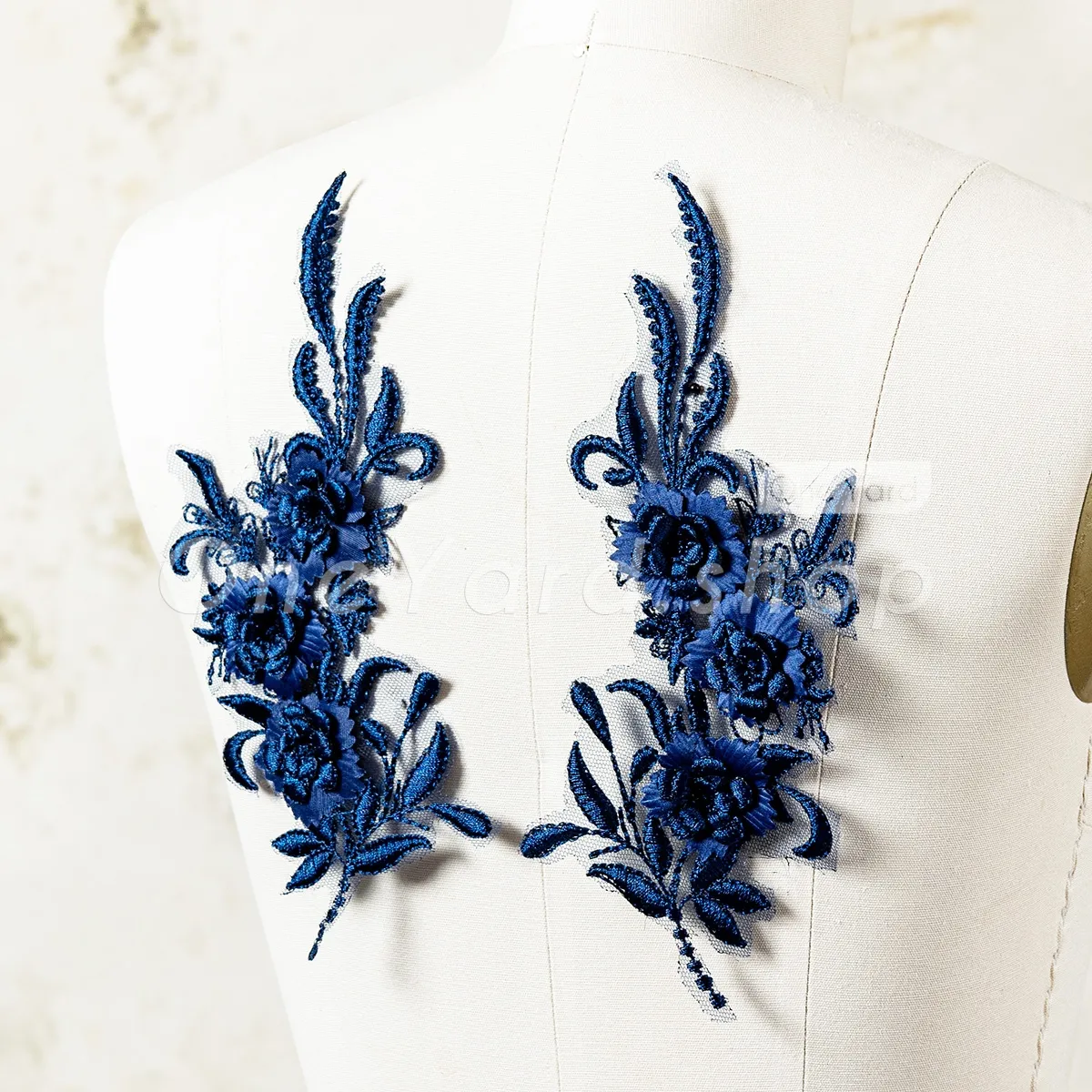 navy blue 3d floral lace applique pair