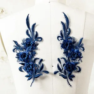 timeless navy blue 3d floral vine lace applique pair
