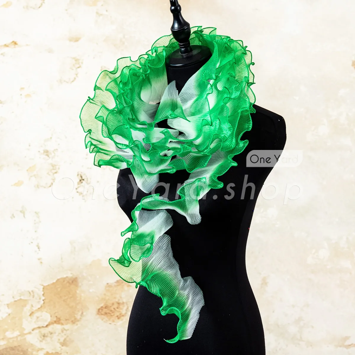 13cm wide green and white ombre pleated organza ruffle trim