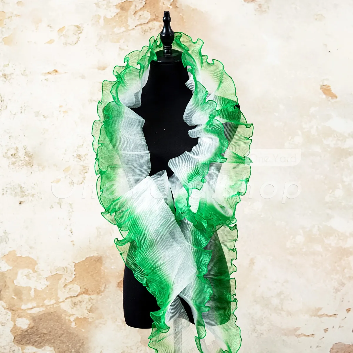 sheer lightweight green and white ombre pleated organza ruffle trim